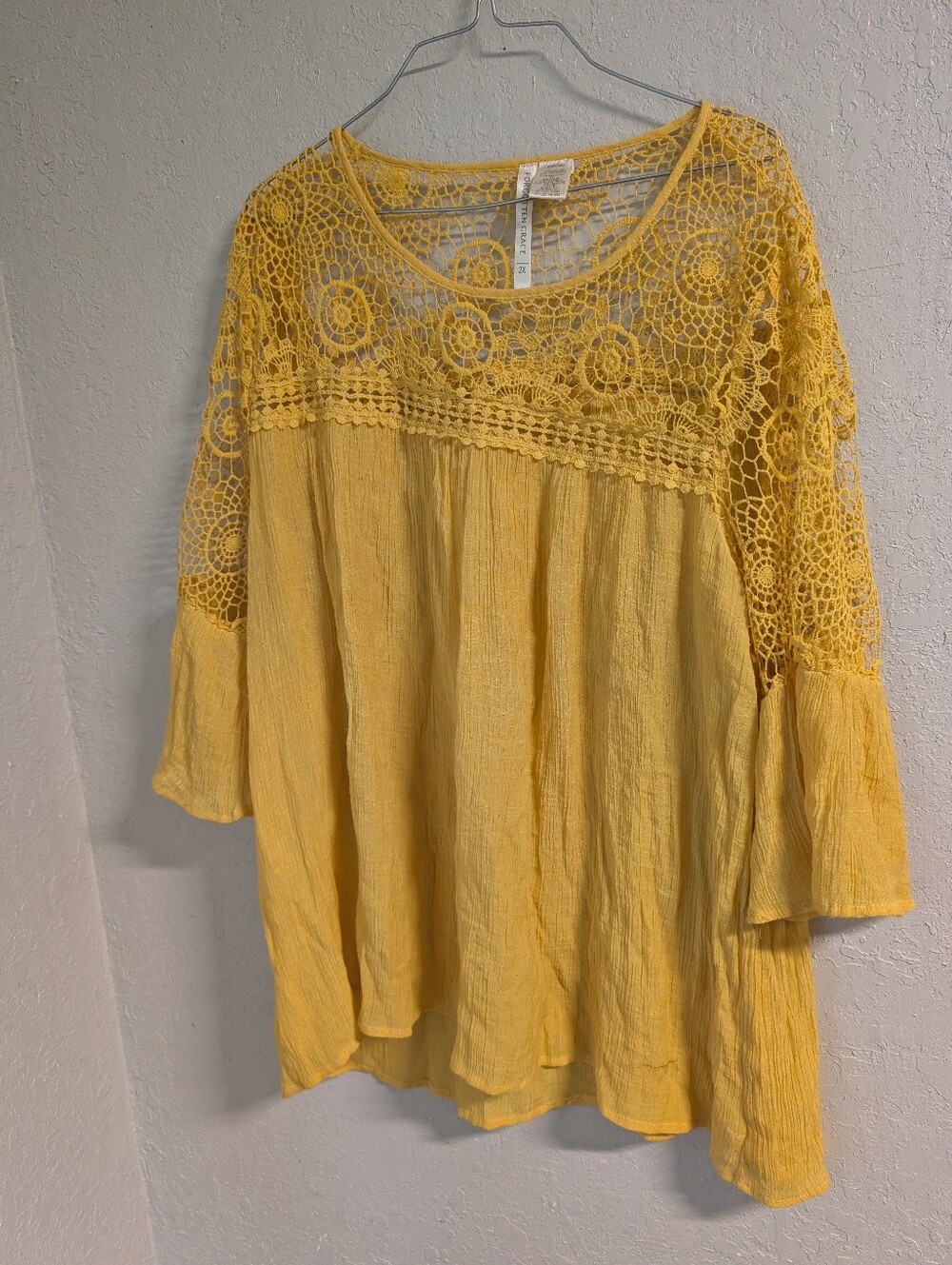 Boho Crochet Yoke Top 2x Yellow Lace Festival Semi sheer Fairy Cottage Whimsy